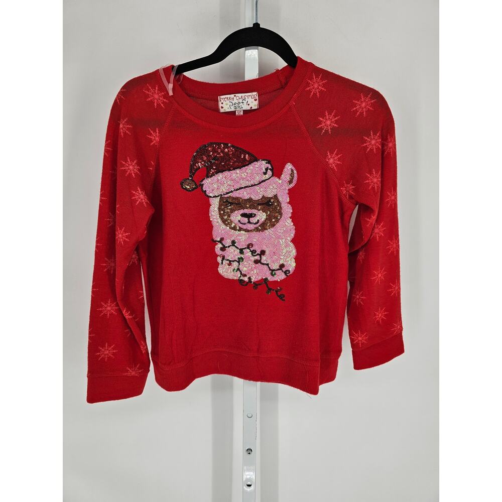 Poof! Girls Sz XL Crew Neck Christmas Sweatshirt Sequin Funny Llama Alpaca